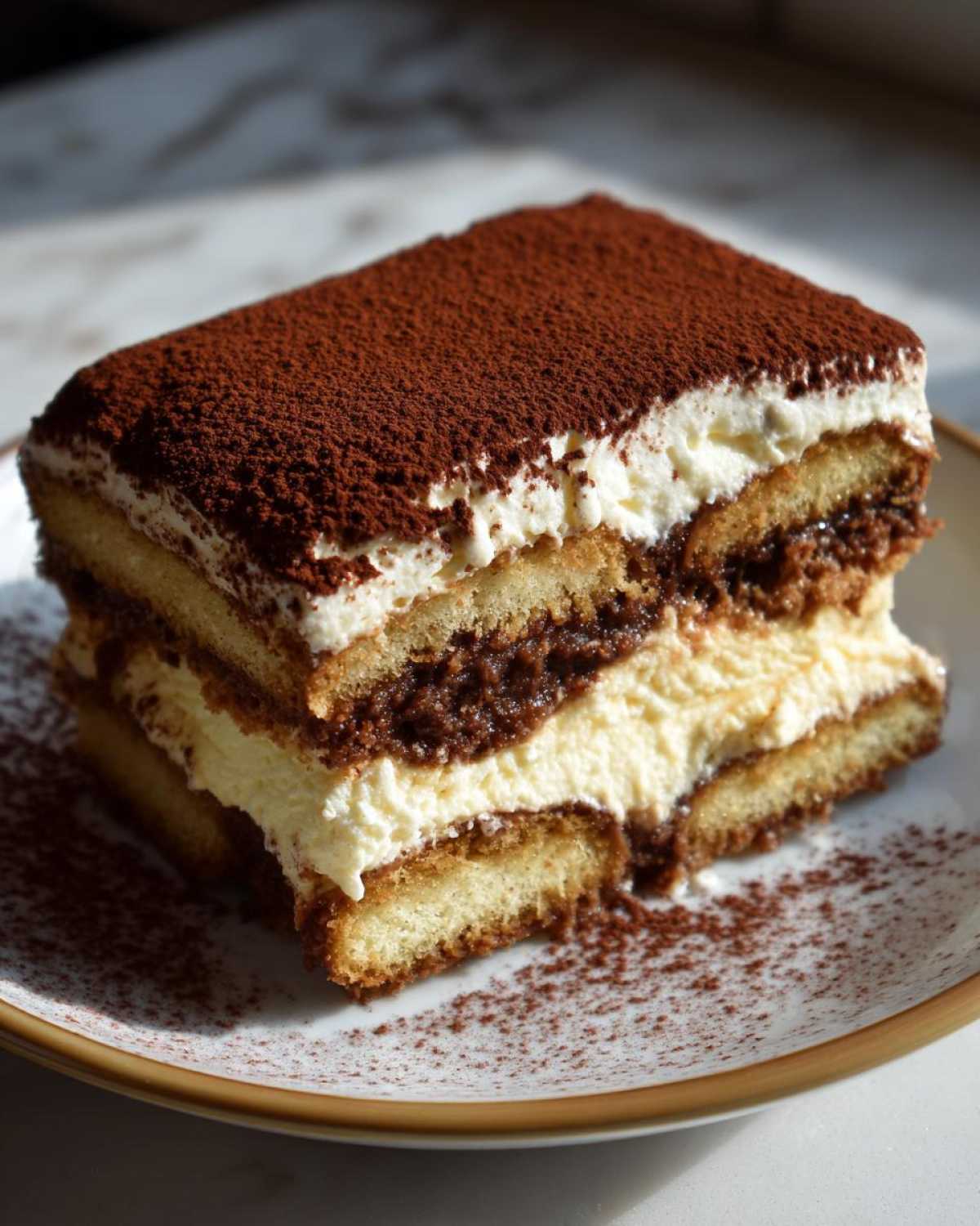 Kawałek pysznego Tiramisu posypany kakao, z warstwami biszkoptów i kremu.