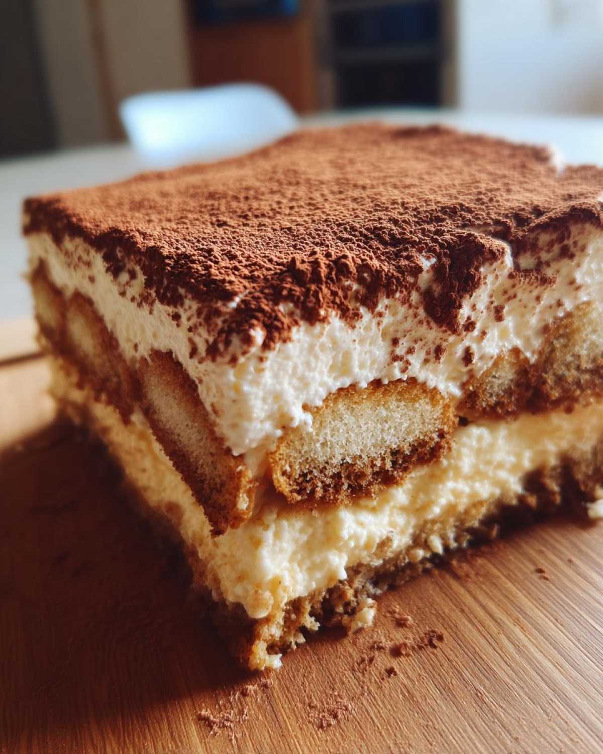 Zbliżenie na porcję Tiramisu na drewnianej desce, pokazujące warstwy kremu, biszkoptów nasączonych kawą i posypane kakao.