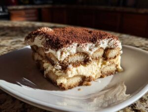 Kawałek pysznego tiramisu na białym talerzu, posypany kakao.