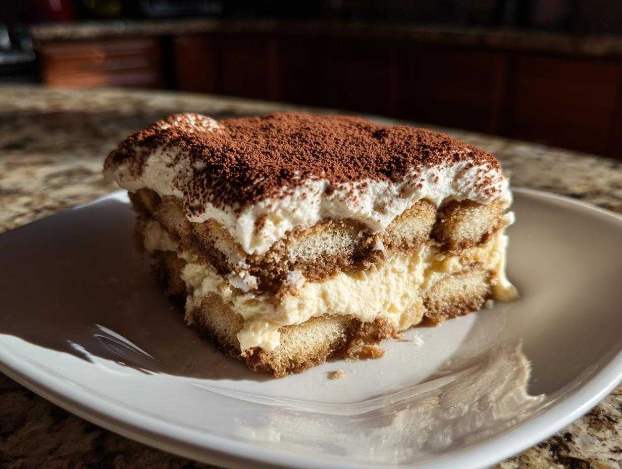 Kawałek pysznego tiramisu na białym talerzu, posypany kakao.