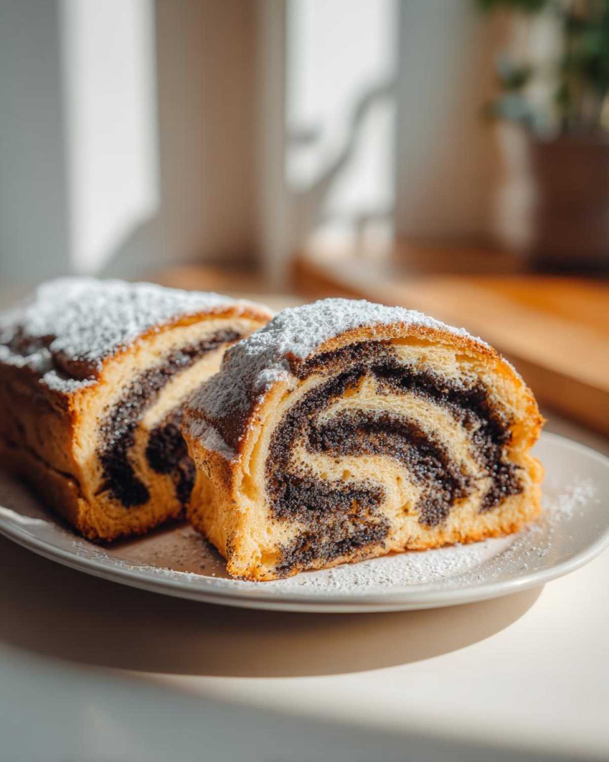 Dwa kawałki wilgotnego makowca zawijanego z bogatym nadzieniem makowym, posypane cukrem pudrem.