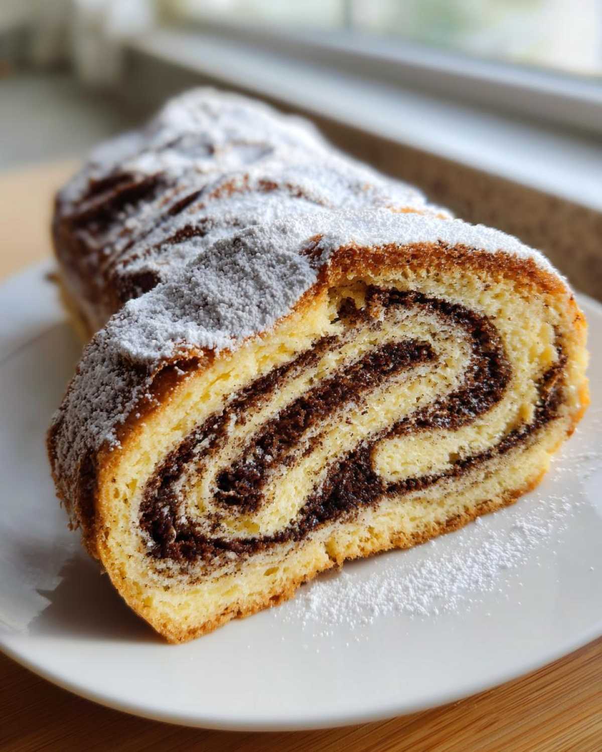 Przekrój wilgotnego makowca zawijanego posypanego cukrem pudrem na białym talerzu.
