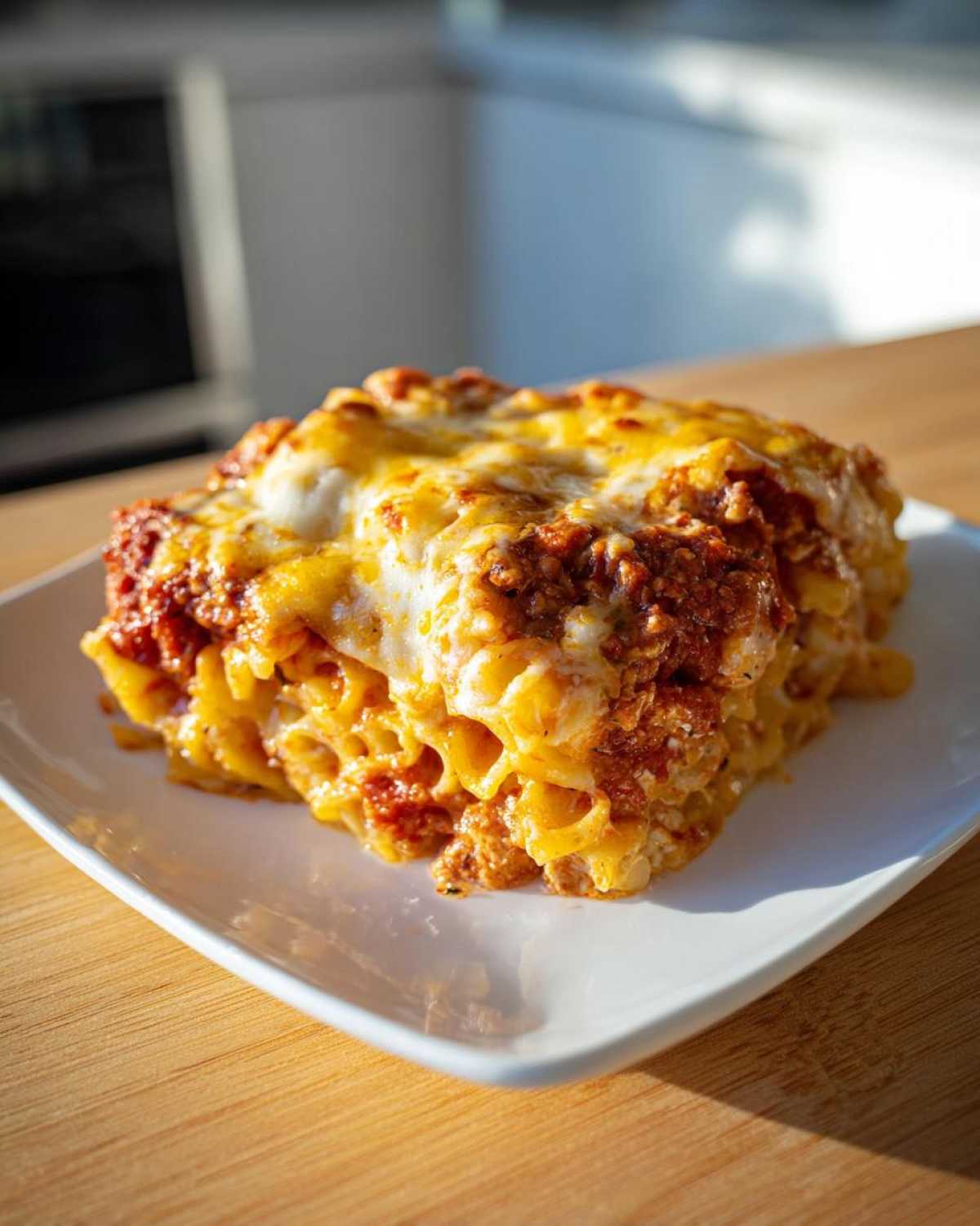 Kawałek zapiekanka makaronowa z serem i sosem bolońskim, z roztopionym serem na wierzchu.