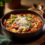 Miseczka pełna zupy minestrone z makaronem, fasolą, marchewką i posypką z parmezanu.