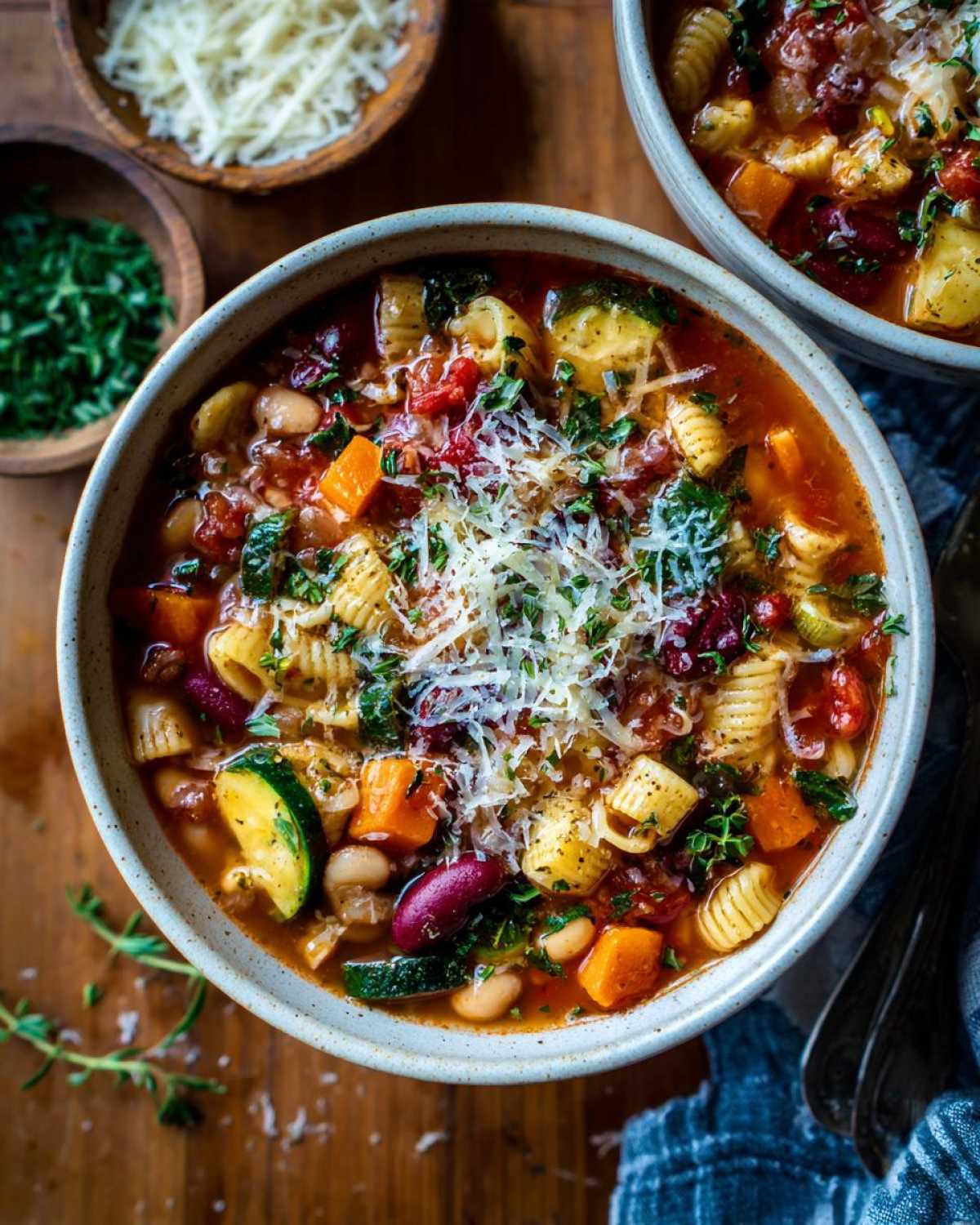 Miseczka pełna aromatycznej zupy minestrone z makaronem, fasolą, cukinią i dynią, posypana serem.