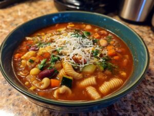 Miseczka pełna gorącej zupy minestrone z makaronem, fasolą, marchewką, cukinią i posypką z parmezanu.