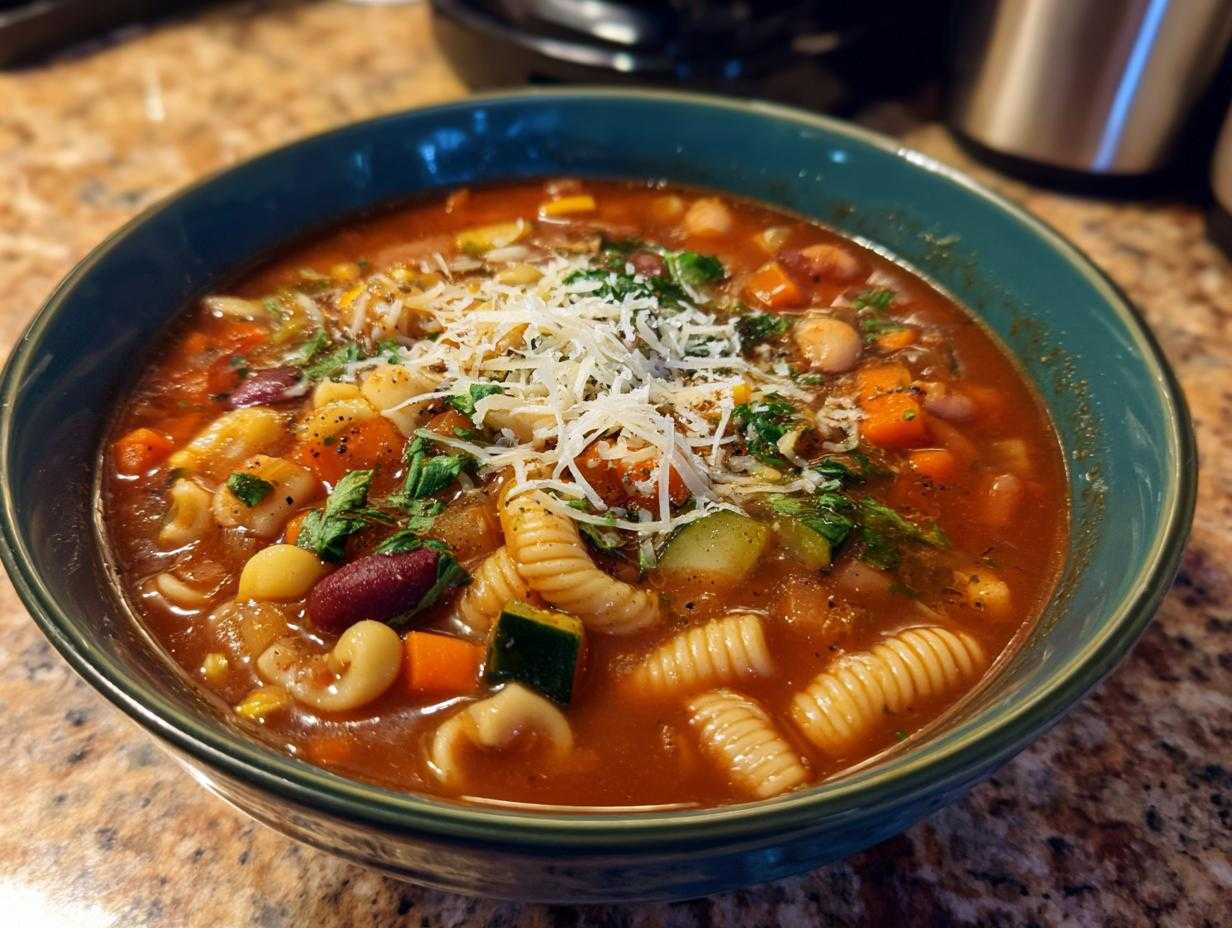 Miseczka pełna gorącej zupy minestrone z makaronem, fasolą, marchewką, cukinią i posypką z parmezanu.