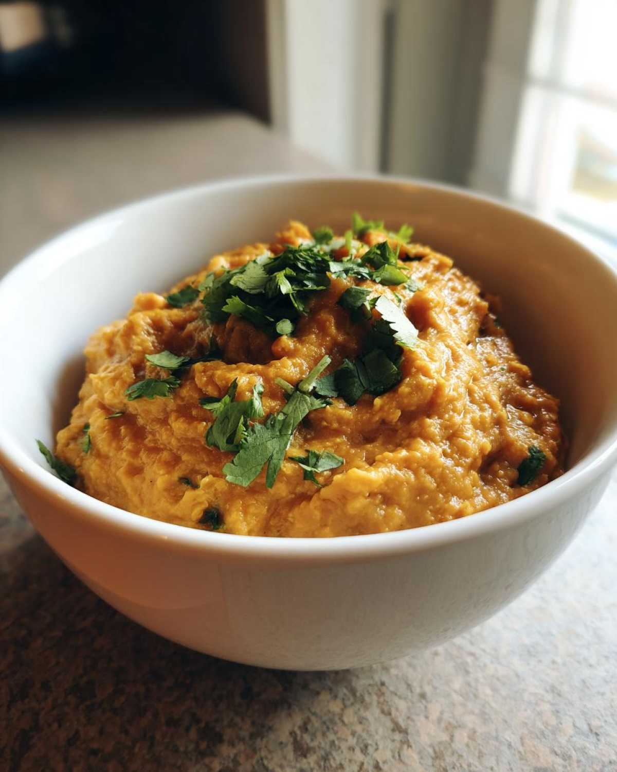 Zbliżenie na gęsty, pomarańczowy Dal z soczewicy posypany świeżą kolendrą w białej misce.