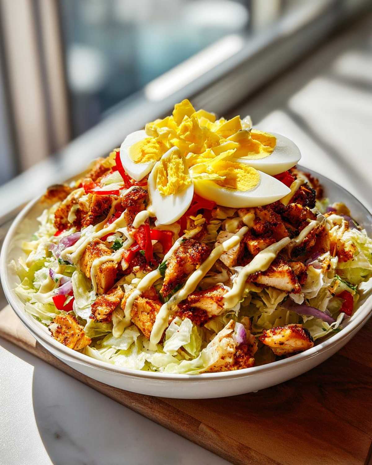 Duża miska Sałatki kebabowej z kawałkami kurczaka, czerwoną papryką, sosem i jajkiem na wierzchu.