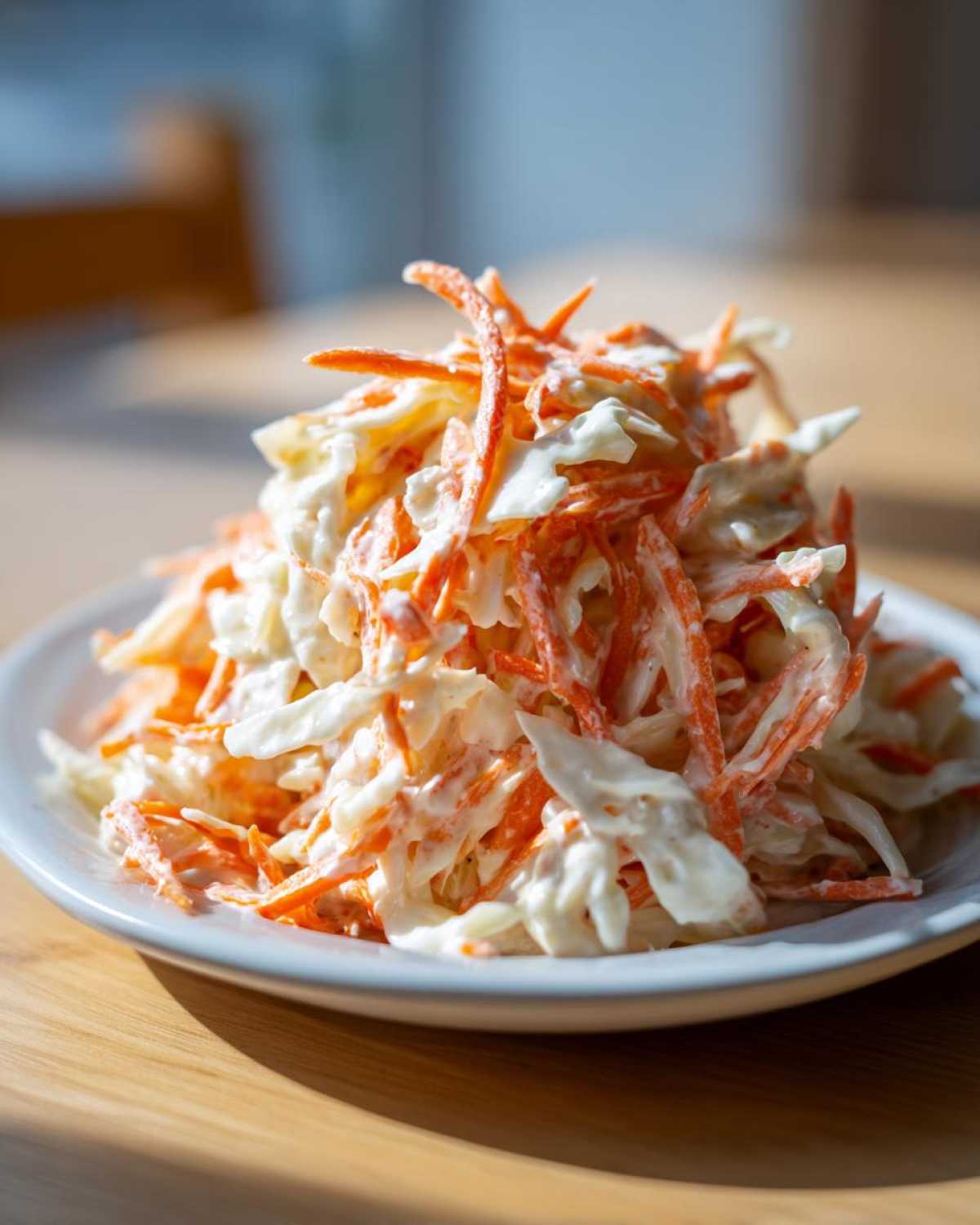 Zbliżenie na świeżą Sałatka coleslaw z tartą marchewką i kremowym sosem na białym talerzu.