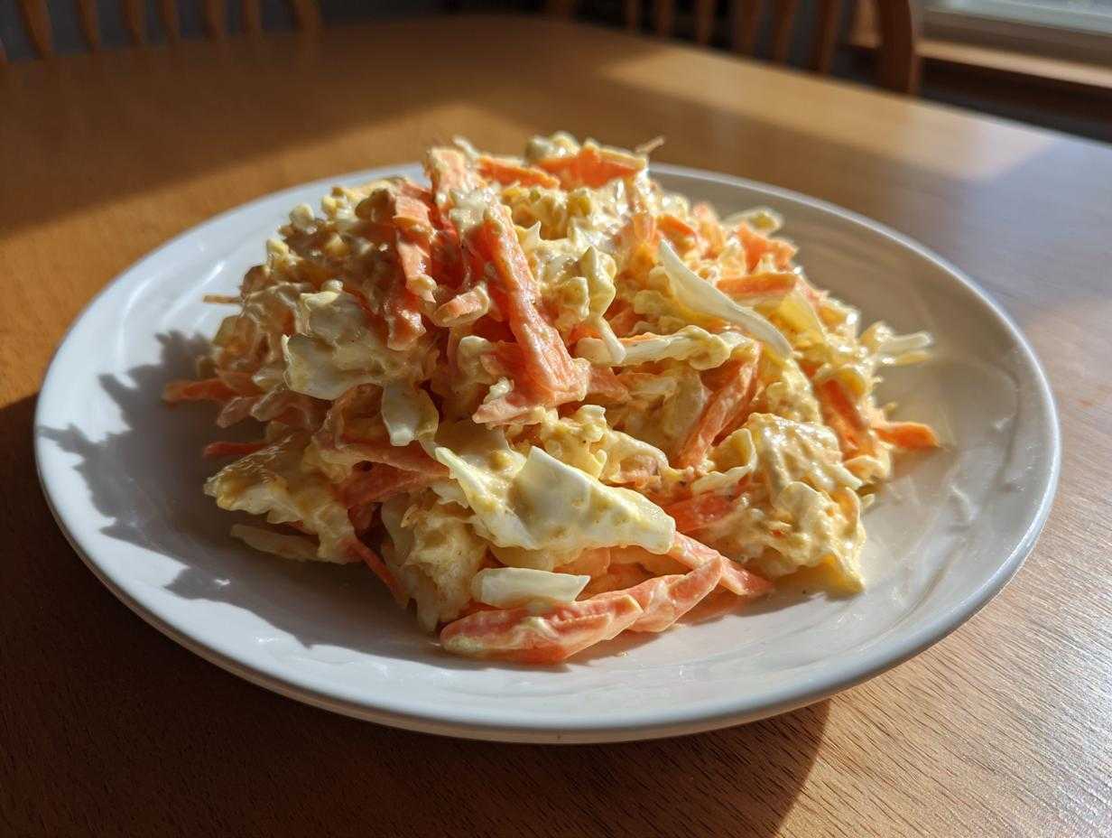 Porcja kremowej sałatki coleslaw z tartą marchewką i kapustą na białym talerzu.