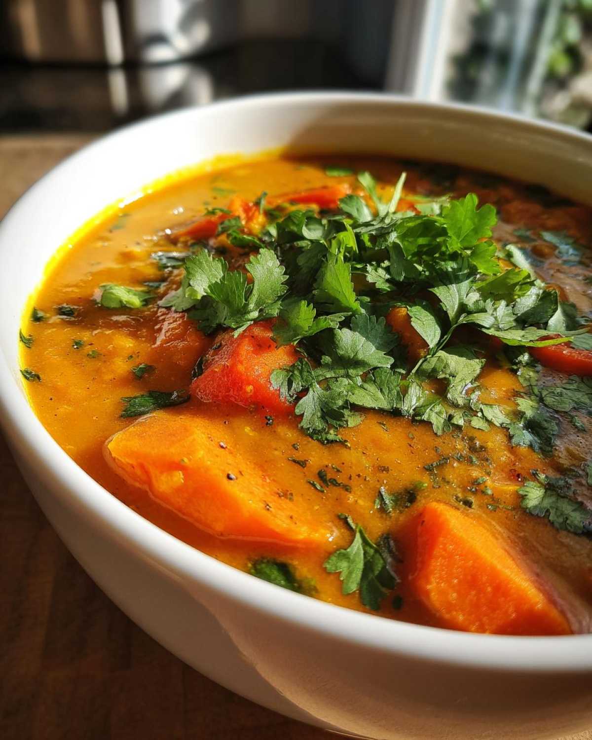 Zbliżenie na miskę pomarańczowej Zupy z soczewicy z kawałkami marchewki i świeżą natką pietruszki.
