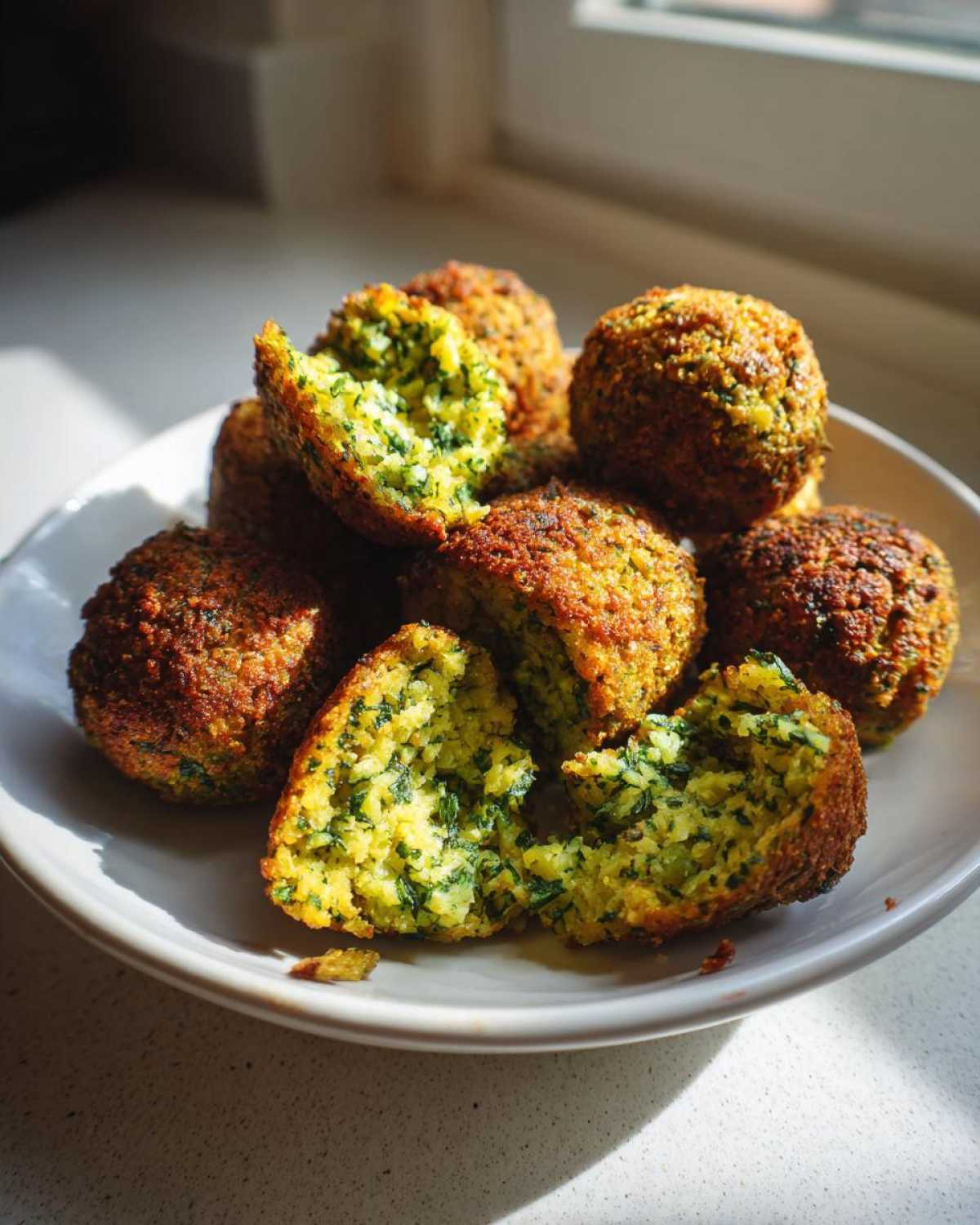 Zbliżenie na złociste kulki falafel z ciecierzycy, jedna rozłamana ukazująca zielone, ziołowe wnętrze.