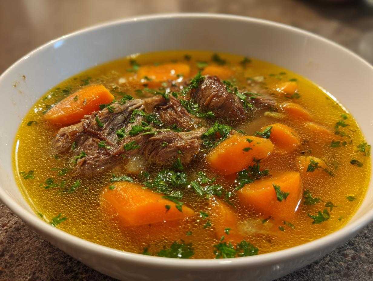 Zbliżenie na głęboką, białą miskę wypełnioną aromatycznym rosołem z kaczki, z kawałkami mięsa, marchewką i natką pietruszki.