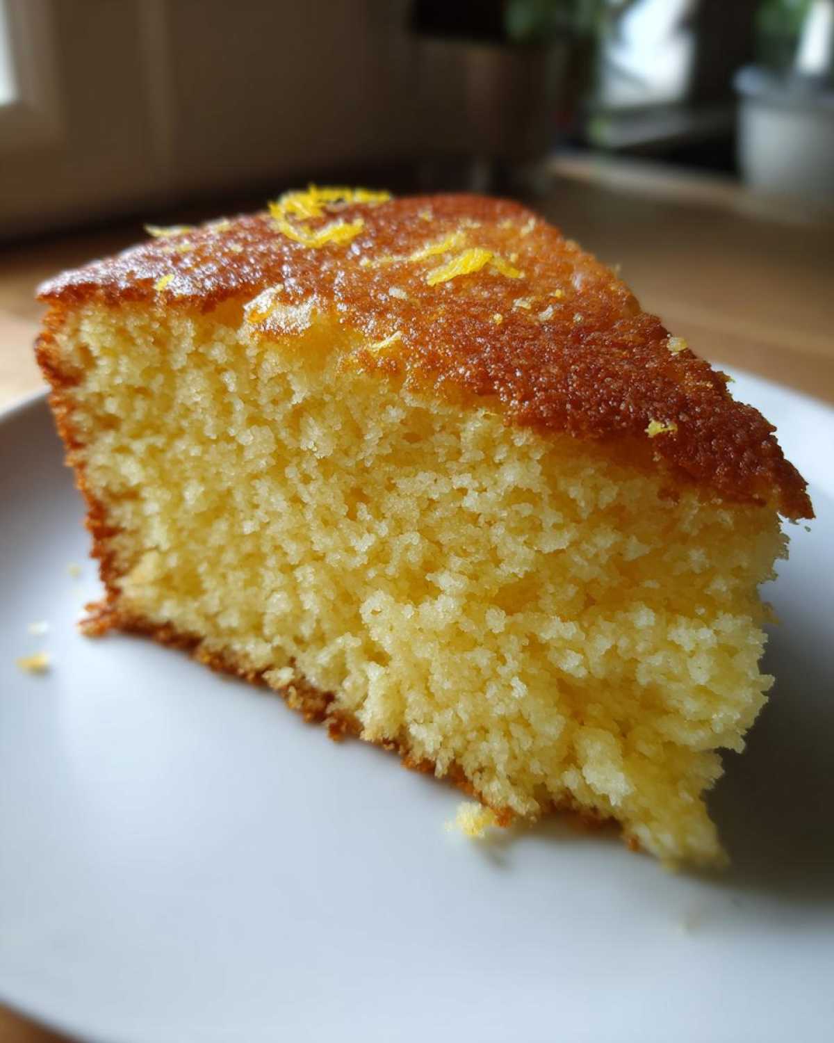 Zbliżenie na kawałek wilgotnej Babki Piaskowej z chrupiącą skórką i skórką pomarańczową na wierzchu.