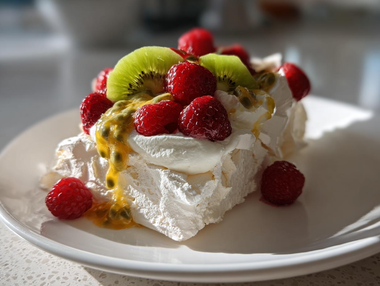 Kawałek Bezy Pavlova udekorowany bitą śmietaną, malinami, kiwi i sosem z marakui.