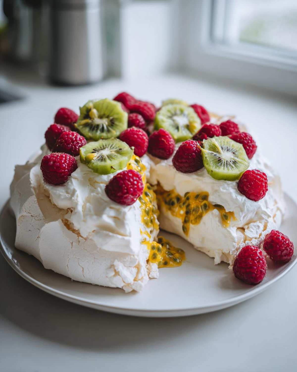 Przekrojona Beza Pavlova udekorowana bitą śmietaną, malinami, kiwi i sosem z marakui.