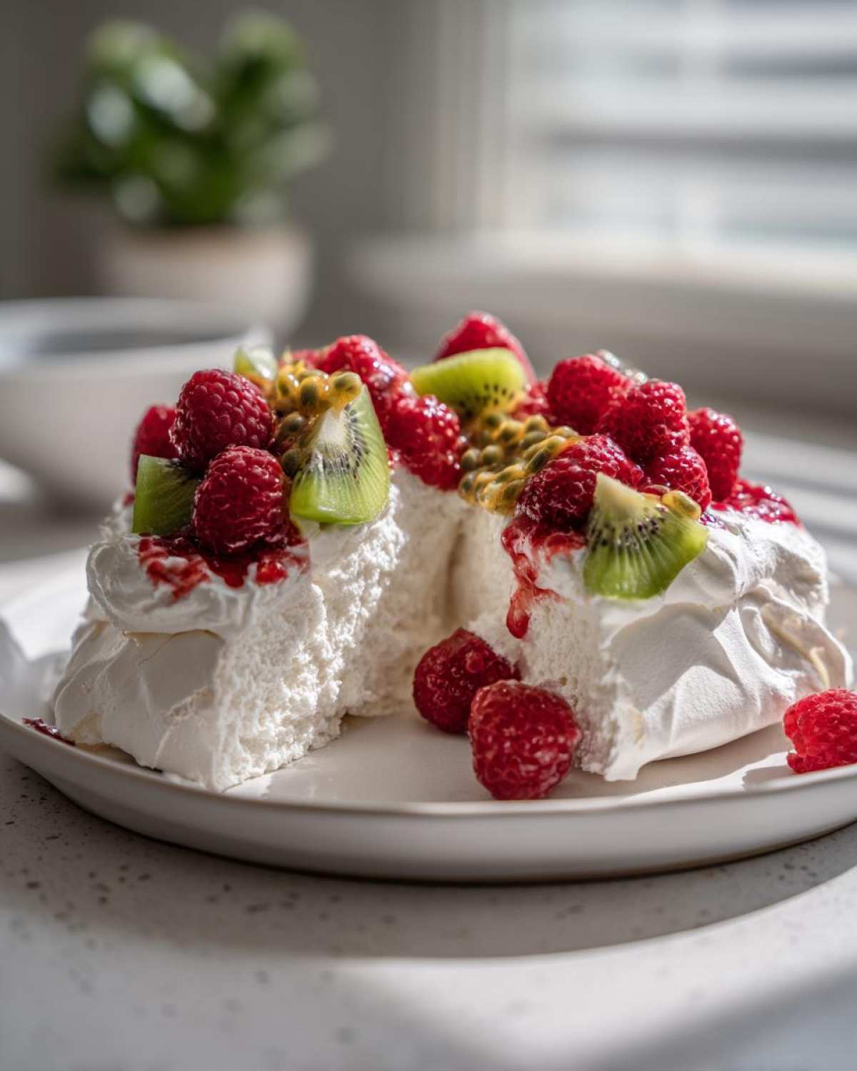 Przekrój białej, puszystej Bezy Pavlova udekorowanej świeżymi malinami, kawałkami kiwi i marakują.