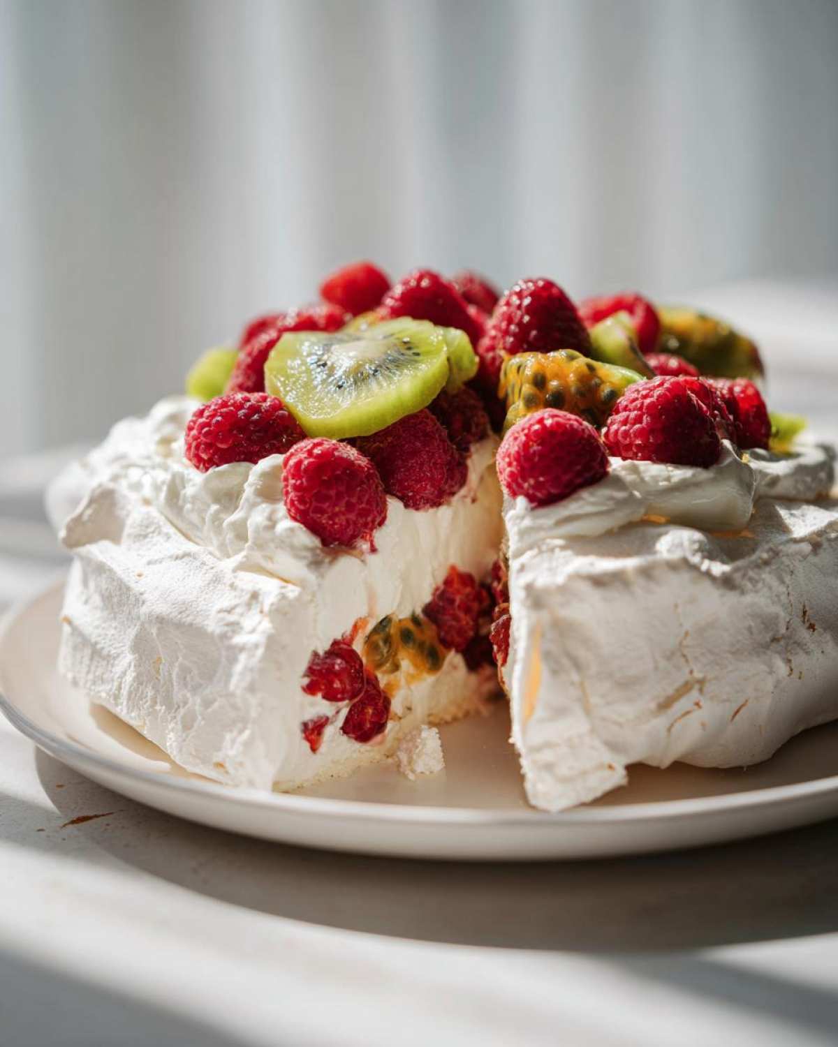 Przekrojona Beza Pavlova z puszystą bitą śmietaną, malinami, kiwi i marakują na białym talerzu.