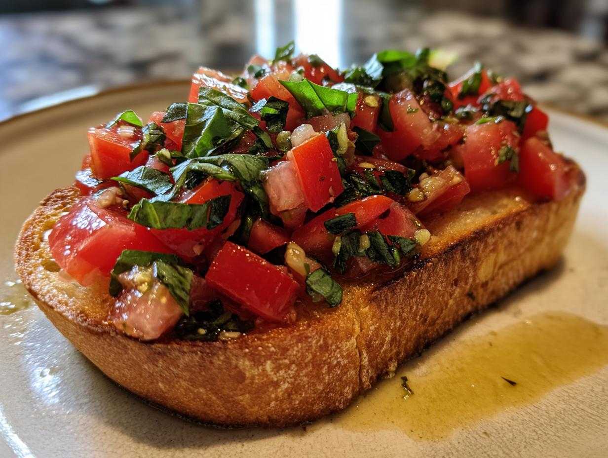 Zbliżenie na jedną porcję idealnego Bruschetta z pomidorami i bazylią na grillowanej grzance, polane oliwą.