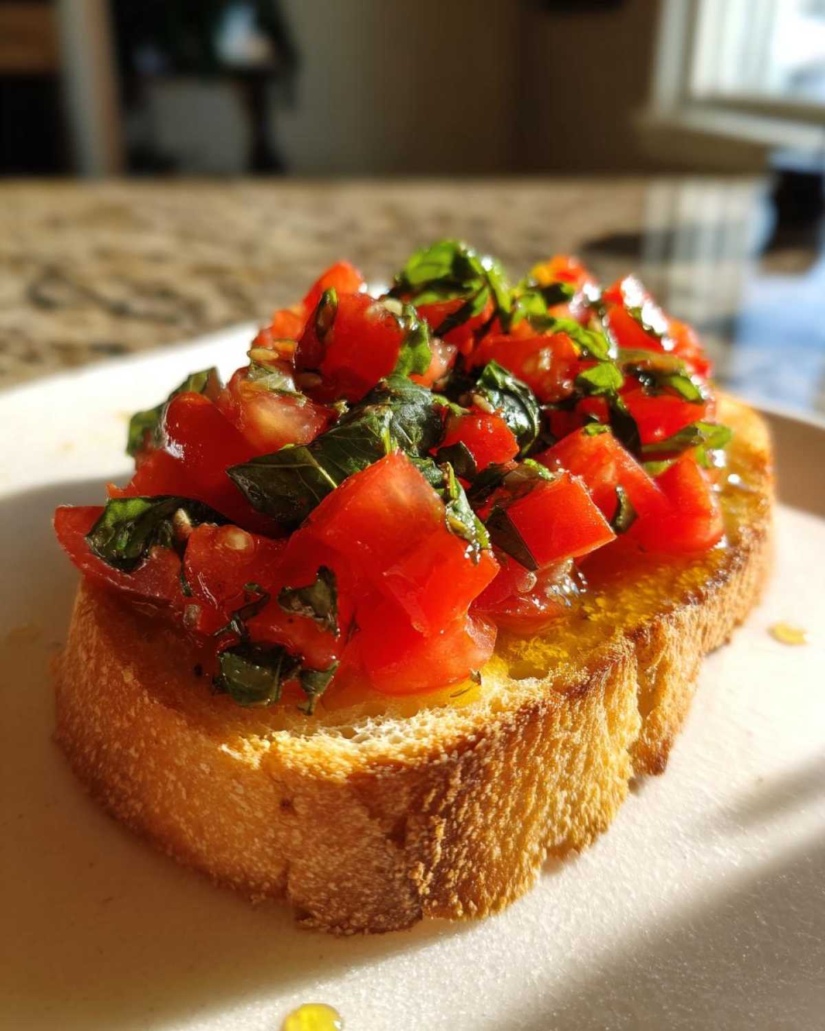 Zbliżenie na jedną porcję klasycznej Bruschetta z pomidorami i bazylią na białym talerzu.