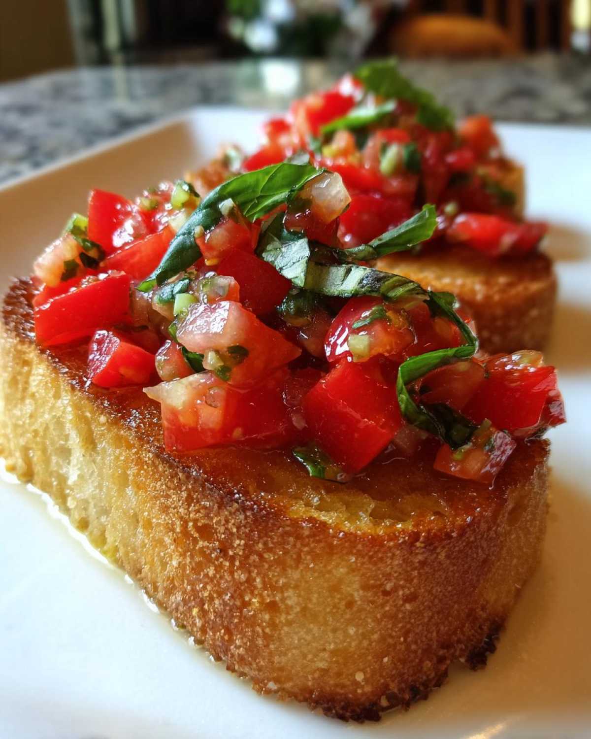 Zbliżenie na chrupiące pieczywo z obfitym wierzchem z pokrojonych pomidorów i bazylii – idealne Bruschetta z pomidorami.