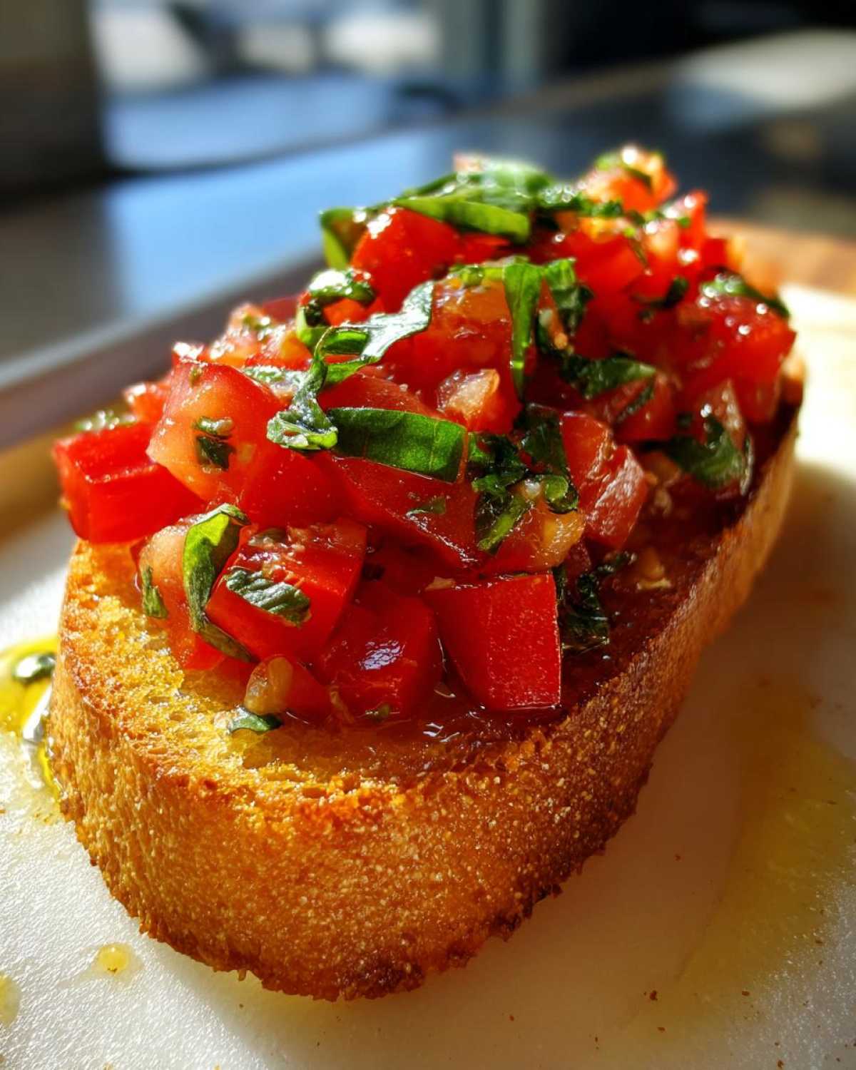 Zbliżenie na chrupiącą grzankę z klasyczną mieszanką pomidorów i bazylii, czyli idealne bruschetta z pomidorami.