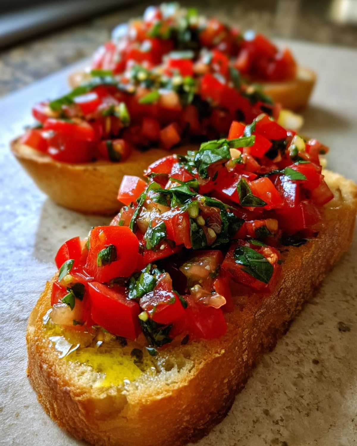 Zbliżenie na chrupiącą grzankę z oliwą, obficie posypaną świeżymi, pokrojonymi pomidorami i bazylią – klasyczne bruschetta z pomidorami.