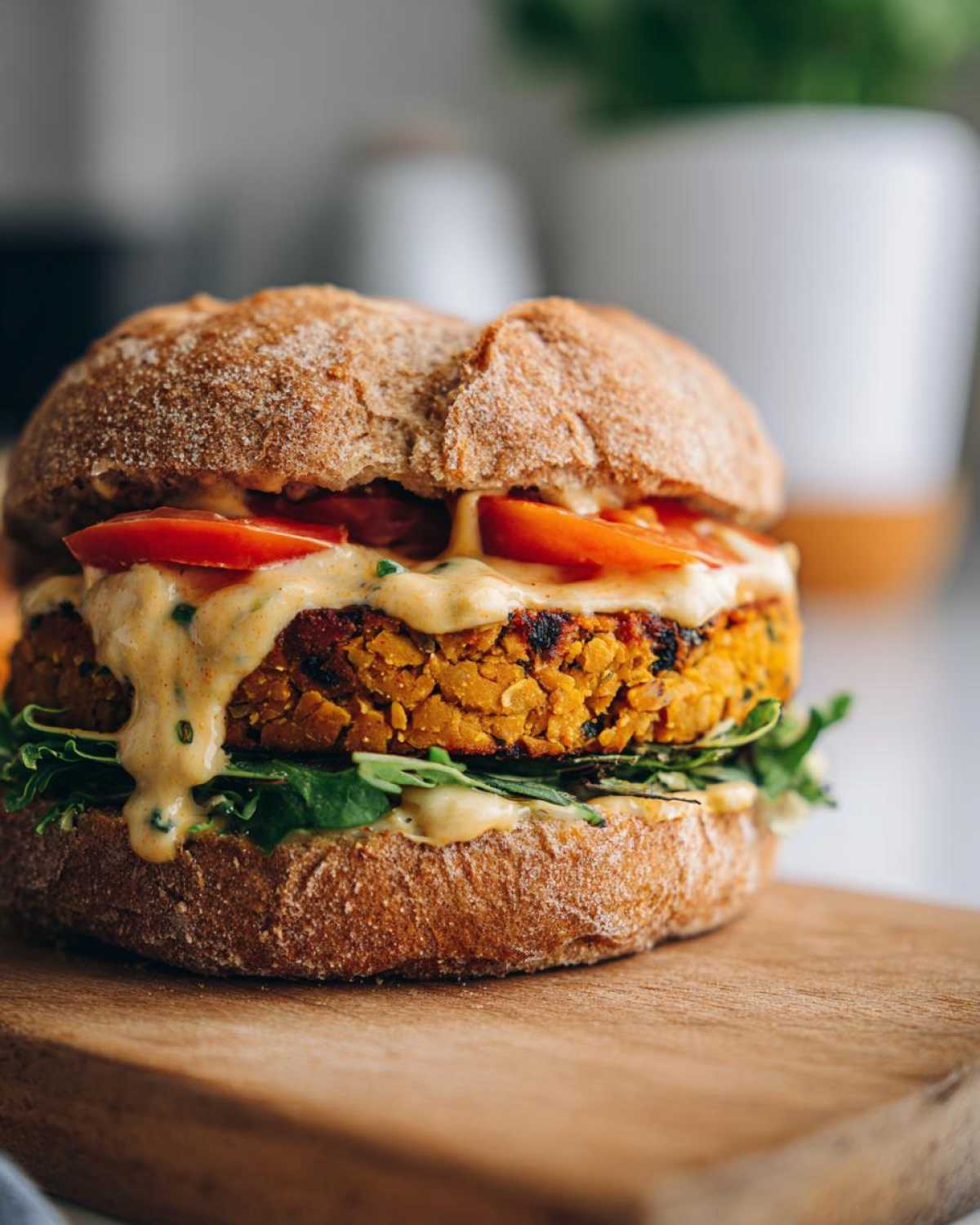 Zbliżenie na soczysty Burger z ciecierzycy w bułce z sosem i pomidorami na drewnianej desce.
