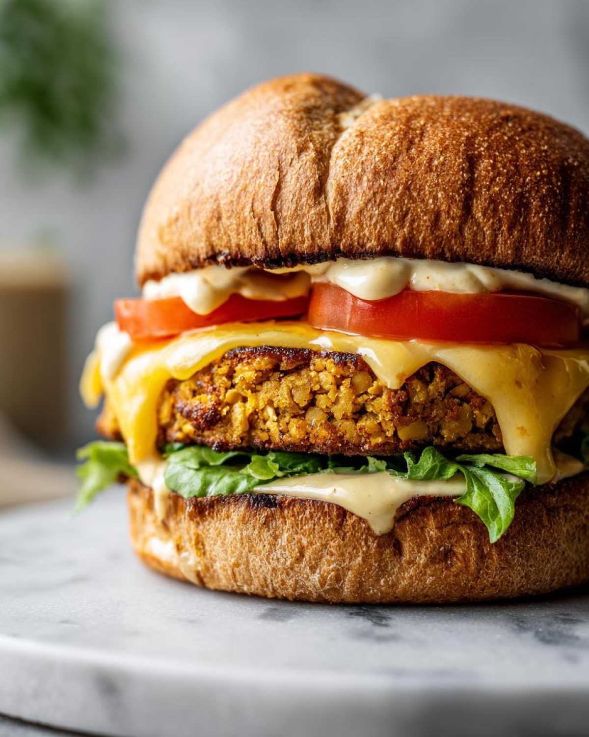 Zbliżenie na soczysty Burger z ciecierzycy z roztopionym serem, plastrami pomidora i sałatą w grzanej bułce.