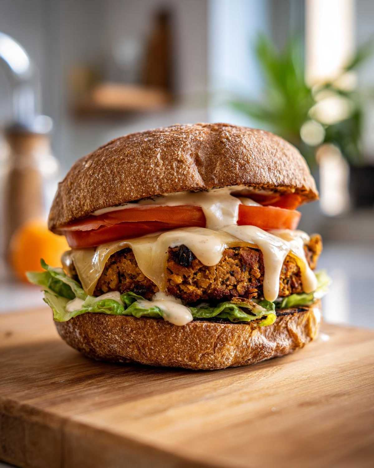 Zbliżenie na soczysty Burger z ciecierzycy na bułce pełnoziarnistej z topionym serem i sosem.
