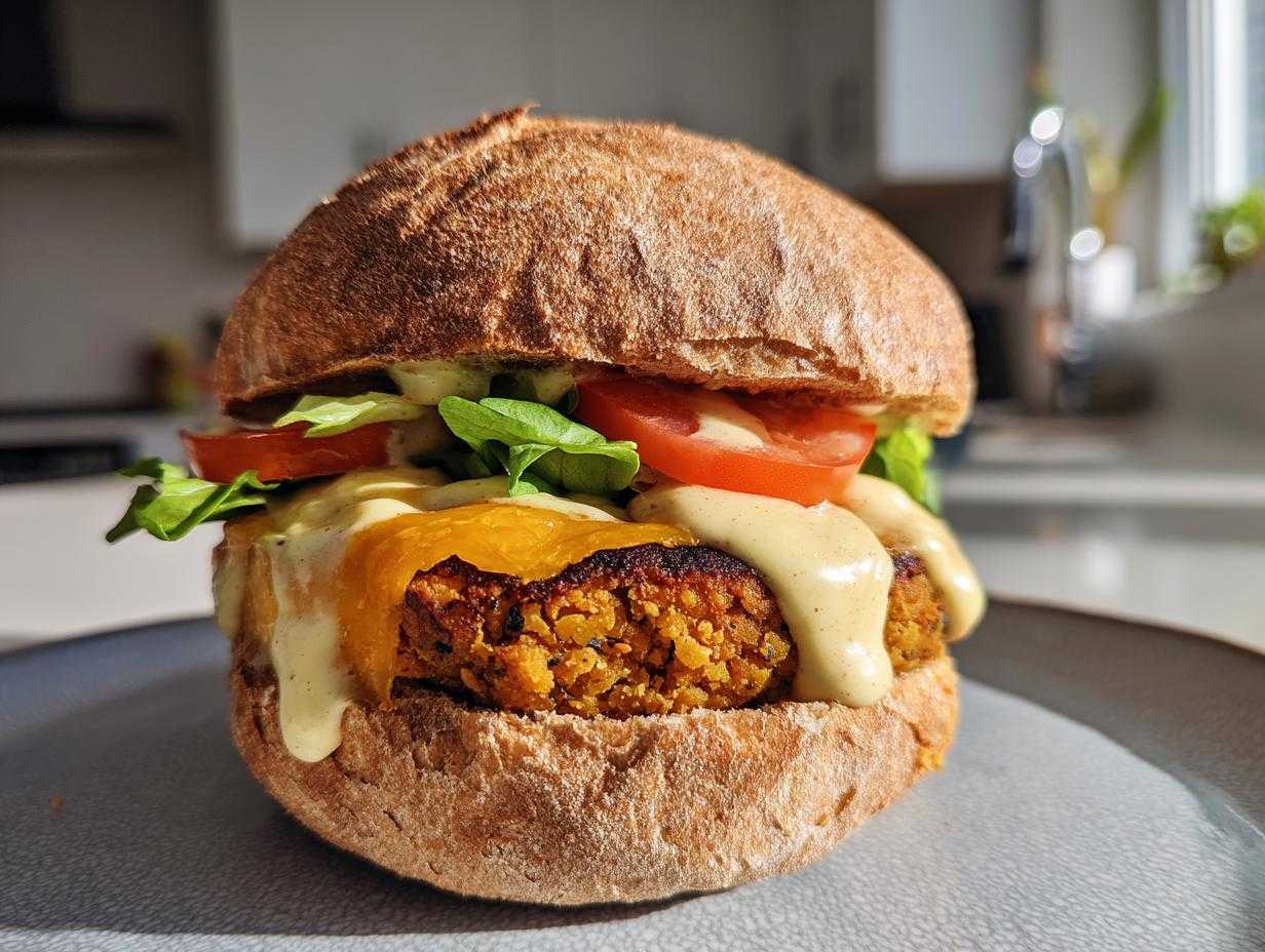 Zbliżenie na soczysty burger z ciecierzycy z roztopionym serem, sosem i warzywami w bułce.