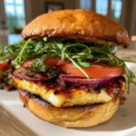 Zbliżenie na soczysty burger z halloumi, karmelizowaną cebulą, pomidorem, czerwoną cebulą i rukolą.