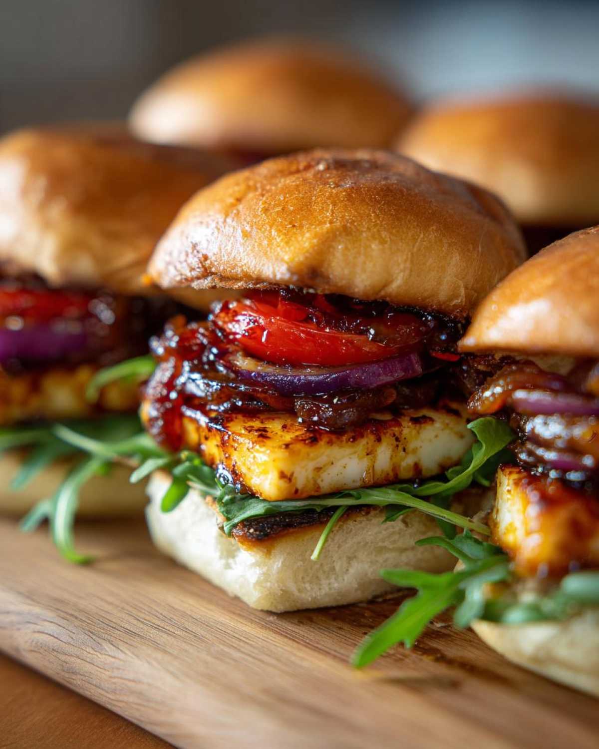 Zbliżenie na burgery z halloumi i karmelizowaną cebulą na drewnianej desce.