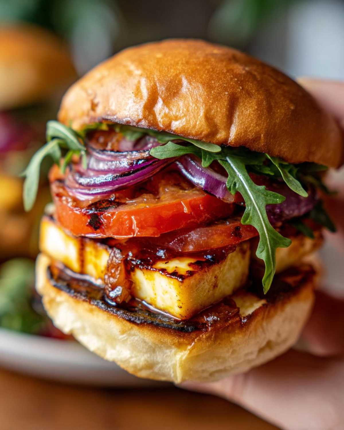 Zbliżenie na soczystego burgera z halloumi, karmelizowaną cebulą, pomidorem i rukolą w dłoni.