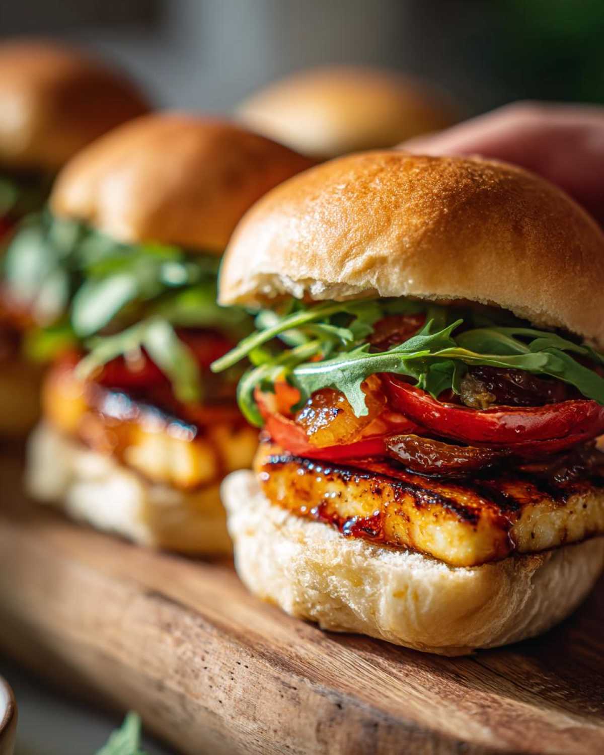 Zbliżenie na apetyczne burgery z halloumi, karmelizowaną cebulą i rukolą na drewnianej desce.