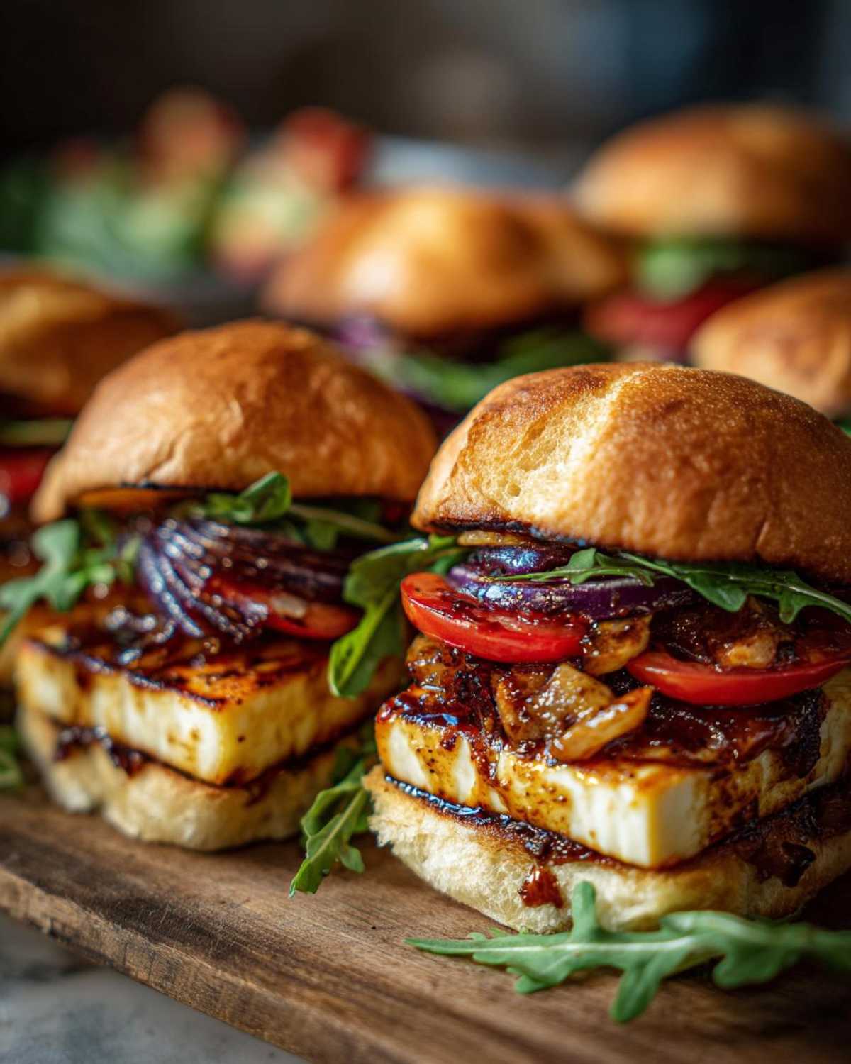Dwa apetyczne burgery z halloumi, karmelizowaną cebulą, pomidorem i rukolą na drewnianej desce.