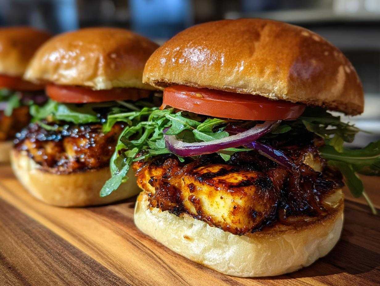 Zbliżenie na apetyczne burgery z halloumi i karmelizowaną cebulą na drewnianej desce.