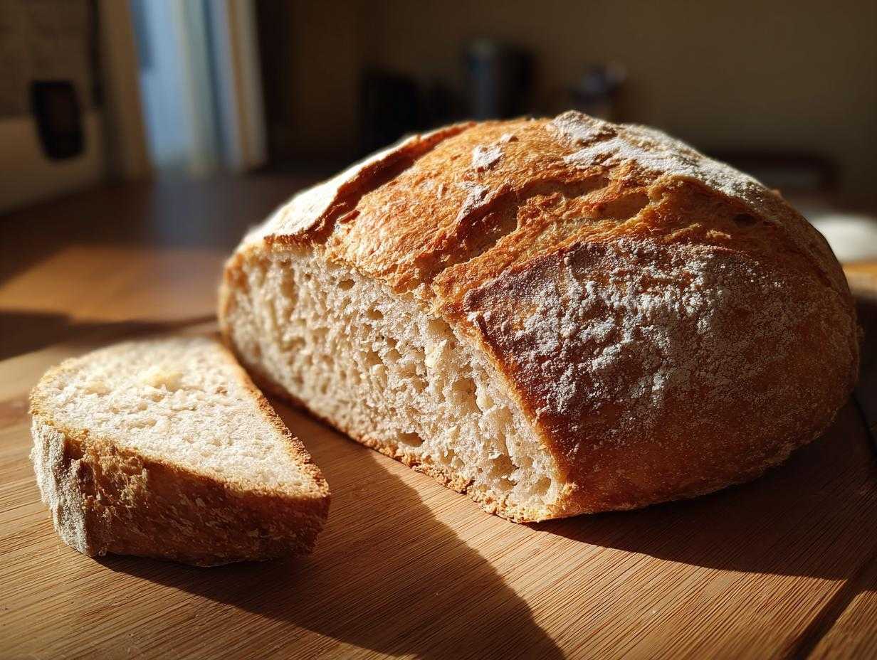 Przekrojony bochenek chleba domowego z puszystym wnętrzem i chrupiącą skórką, obok leży kromka.