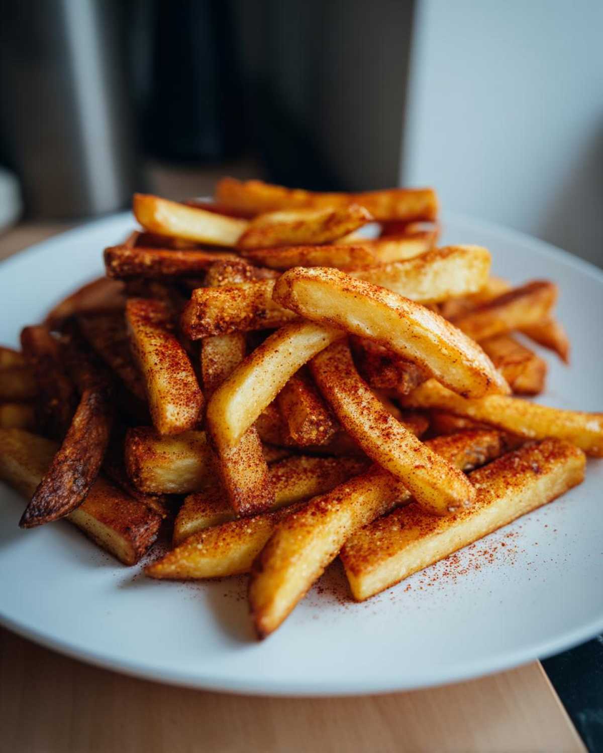 Stos chrupiących, złocistych frytek z piekarnika, obficie posypanych czerwoną papryką na białym talerzu.