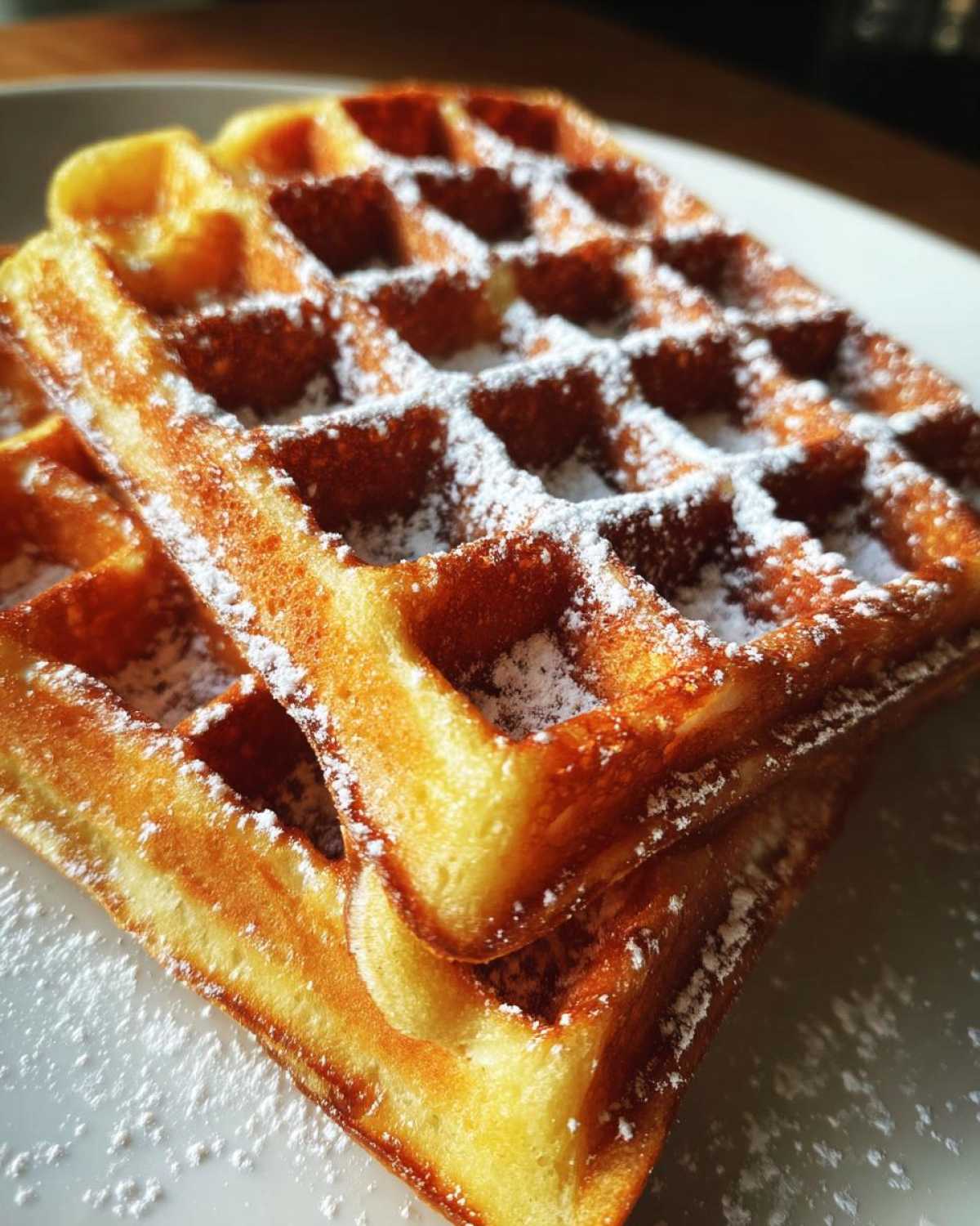 Zbliżenie na dwa złociste gofry posypane cukrem pudrem, idealne na śniadanie.