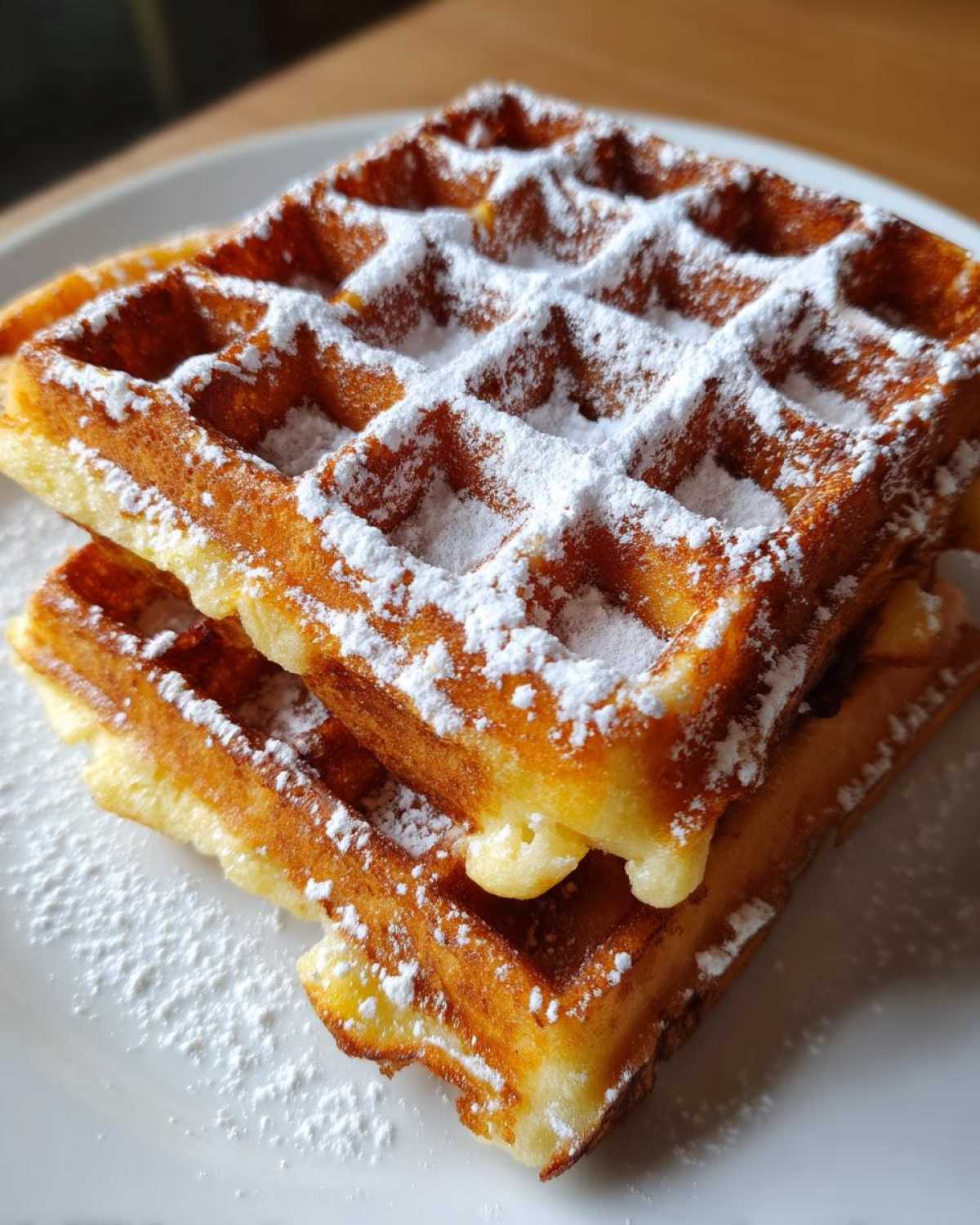 Dwa ułożone na sobie, złociste gofry obficie posypane cukrem pudrem na białym talerzu.