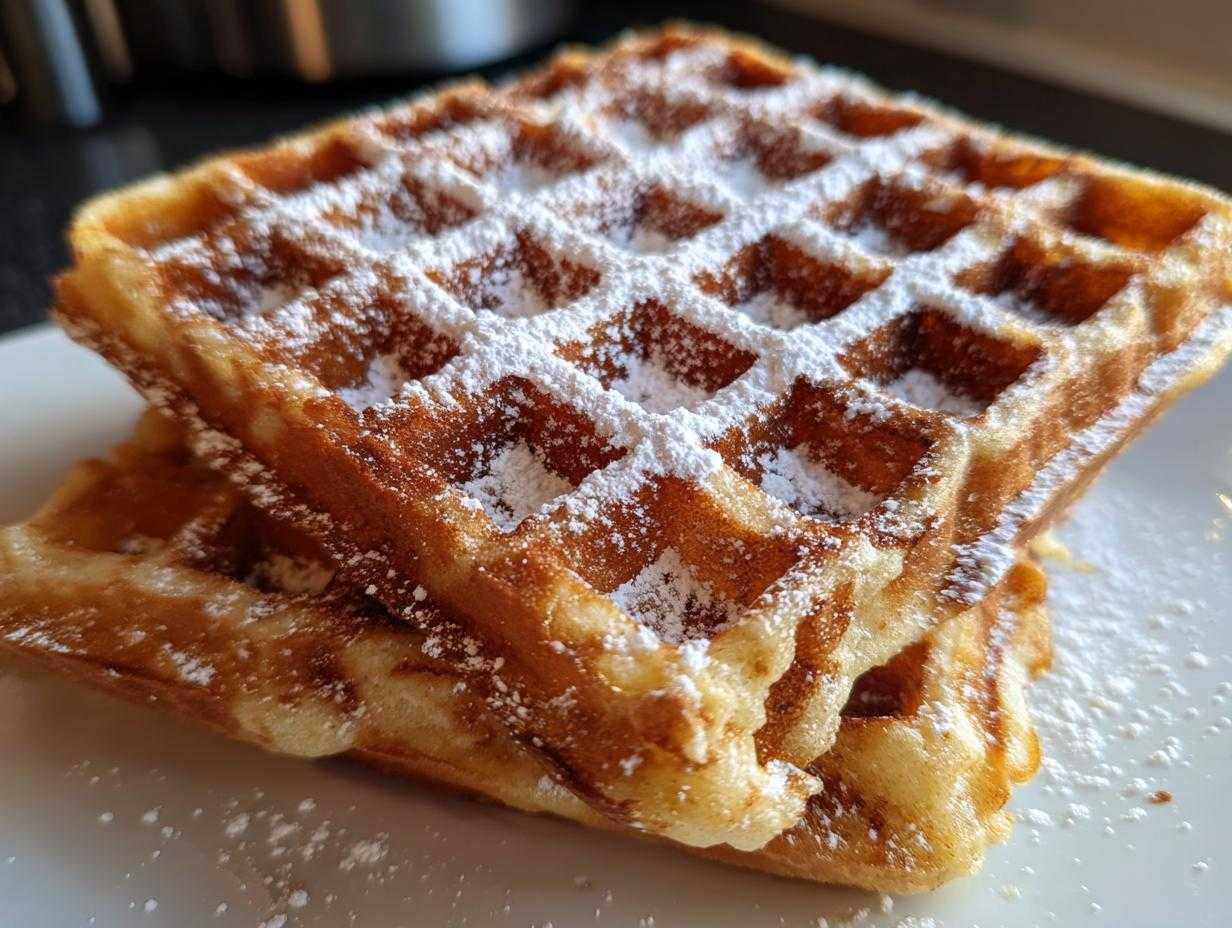Dwa złociste Gofry ułożone jeden na drugim, obficie posypane cukrem pudrem.