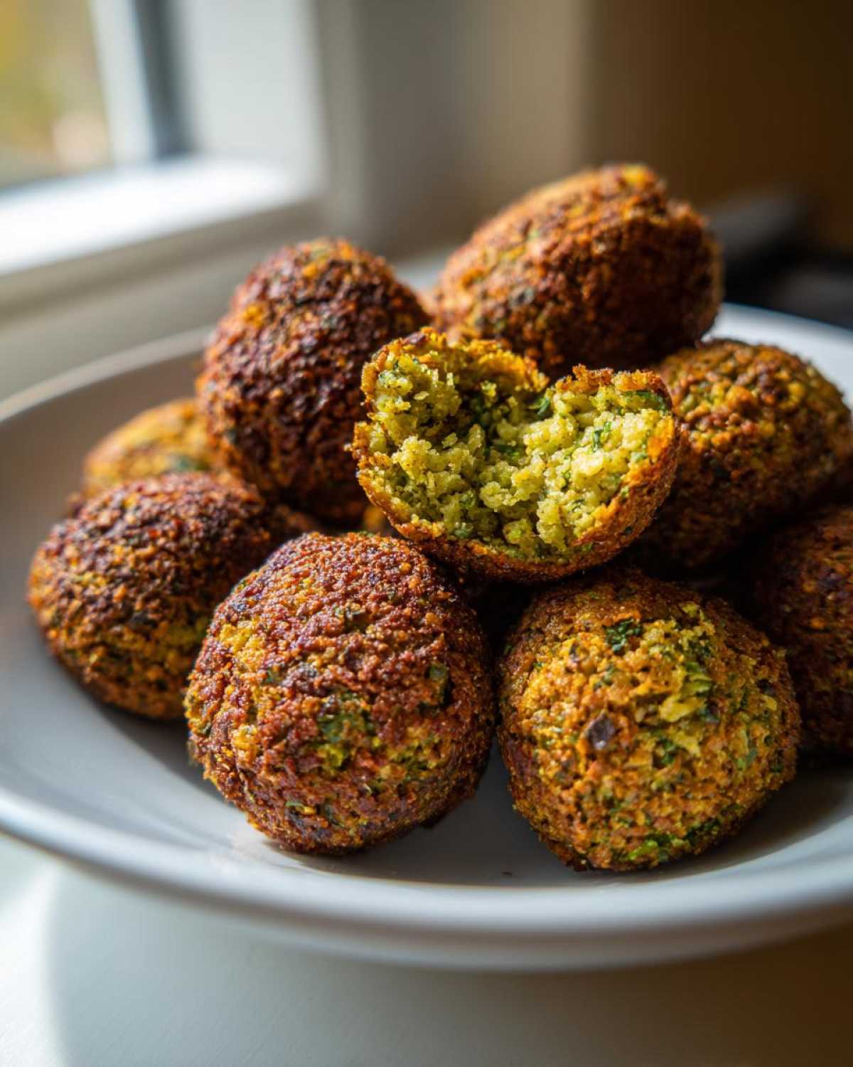 Zbliżenie na stos chrupiących, złocisto-brązowych kulek falafel z ciecierzycy, jedna przekrojona na pół.