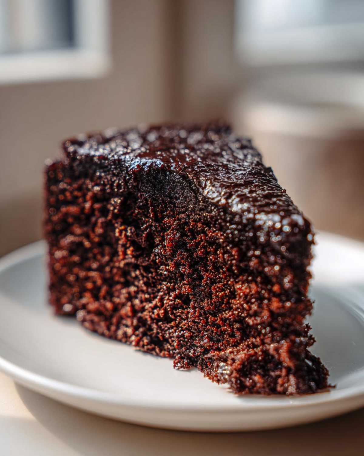 Zbliżenie na kawałek wilgotnego ciasta czekoladowego z błyszczącą polewą na białym talerzu.