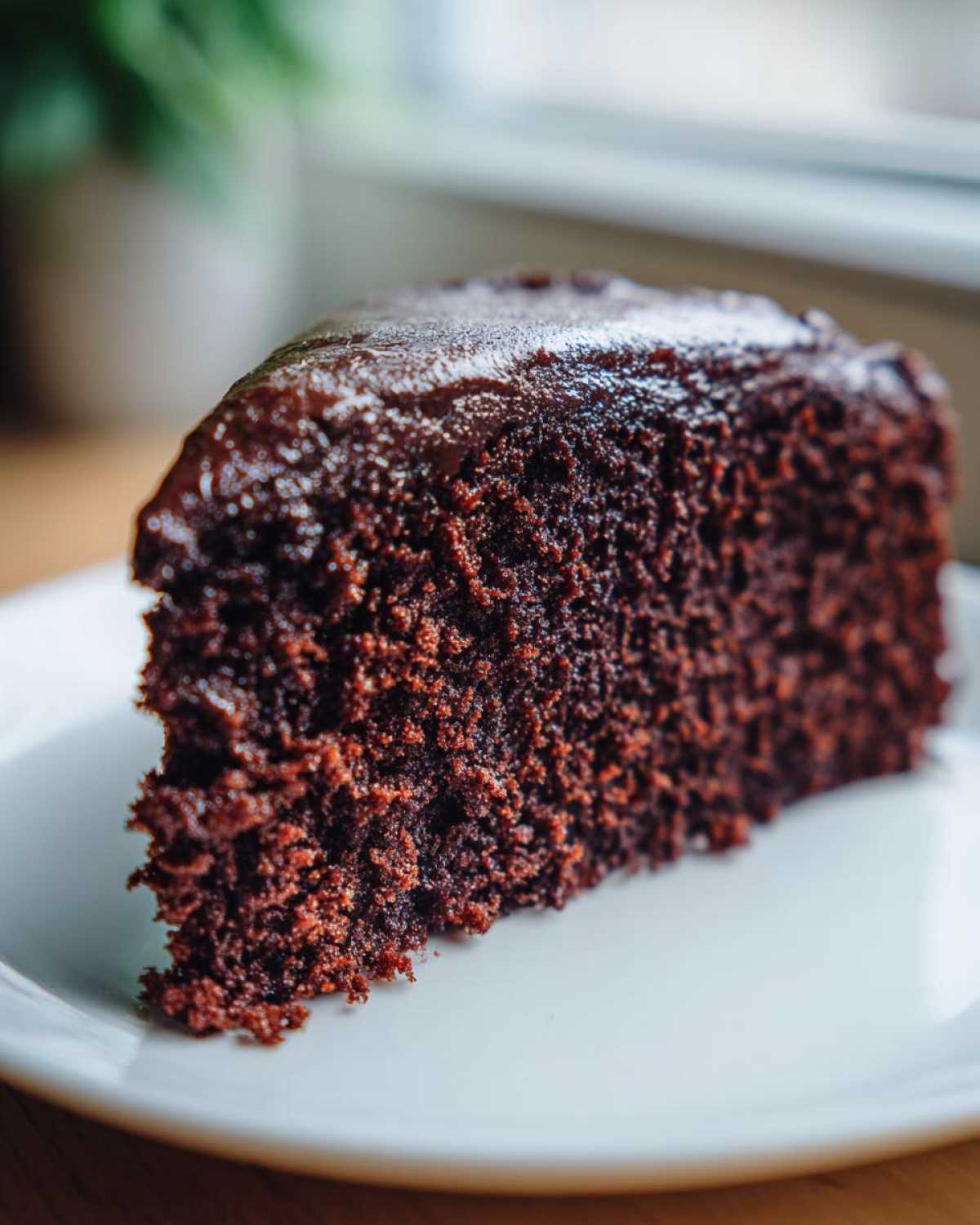 Zbliżenie na kawałek wilgotnego ciasta czekoladowego z błyszczącą polewą na białym talerzu.