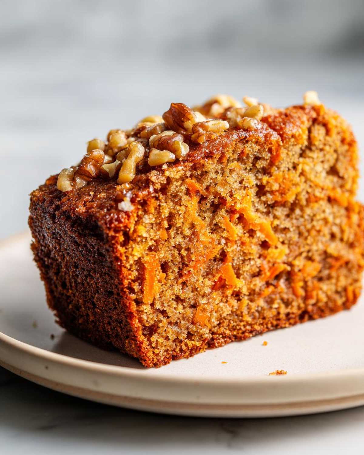 Zbliżenie na wilgotny kawałek Ciasto marchewkowe z orzechami, posypane orzechami włoskimi.