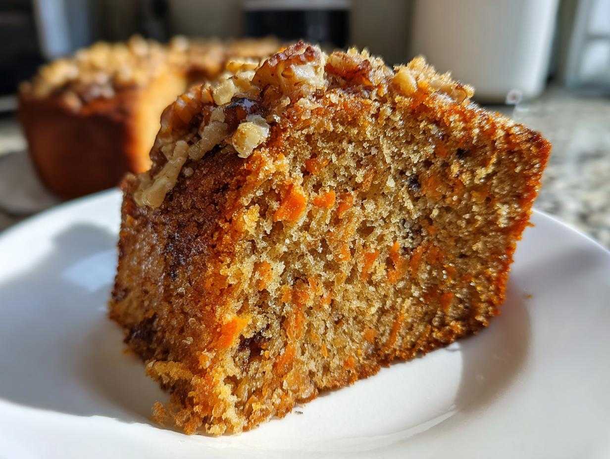 Zbliżenie na wilgotny kawałek Ciasto marchewkowe z orzechami, widoczne kawałki marchewki i orzechy na wierzchu.