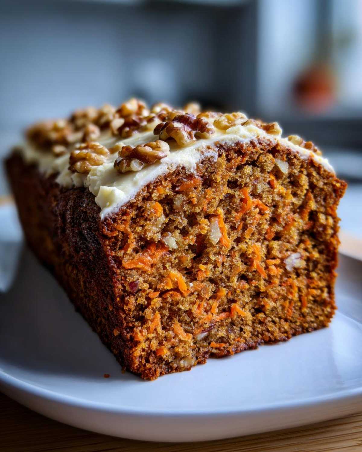 Przekrój wilgotnego ciasta marchewkowego z orzechami, polanego kremowym lukrem.