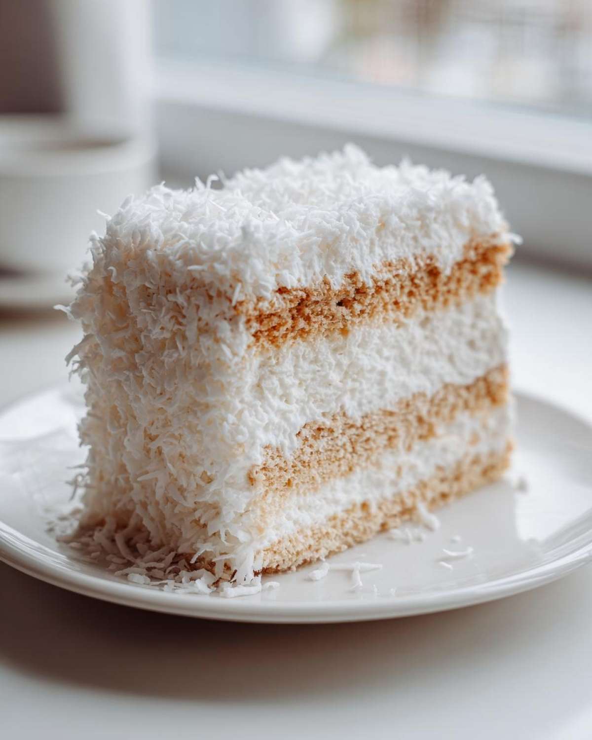 Kawałek wilgotnego Ciasta Raffaello z warstwami biszkoptu i kremu, obficie pokryty wiórkami kokosowymi.